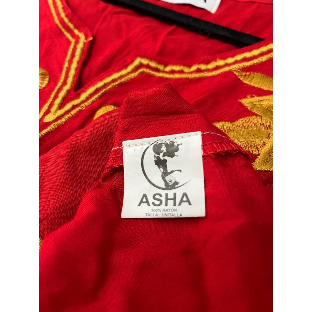 Asha Red Gold Floral Embroidered Tunic Dress Rayon Short Sleeve Boho One Size - Picture 7 of 16